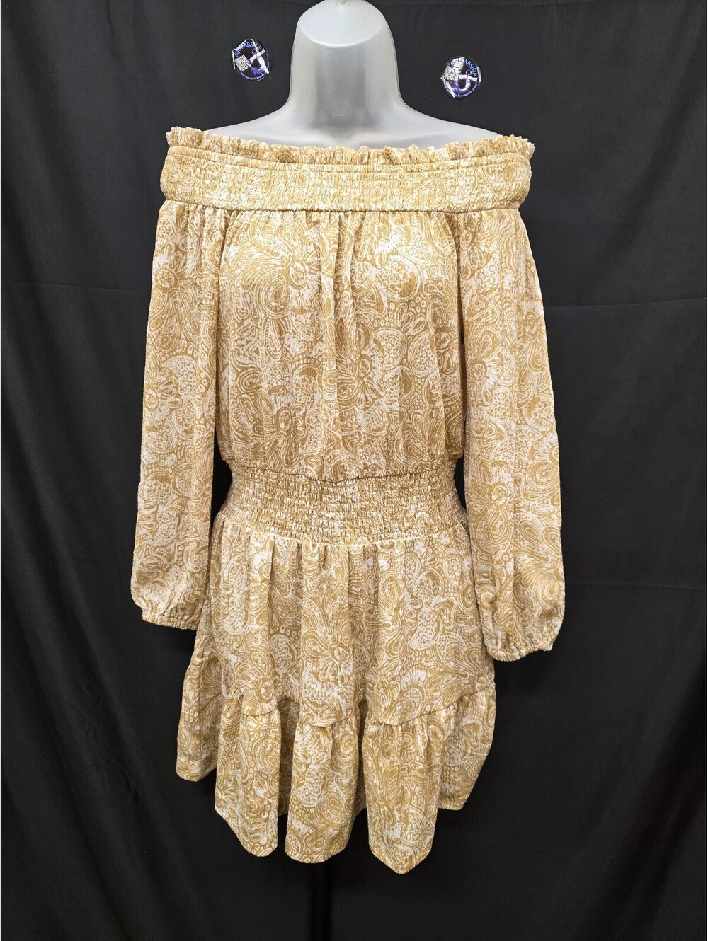 MICHAEL KORS PRINTED CRINKLE OFF‑THE‑SHOULDER DRESS KHAKI SIZE S